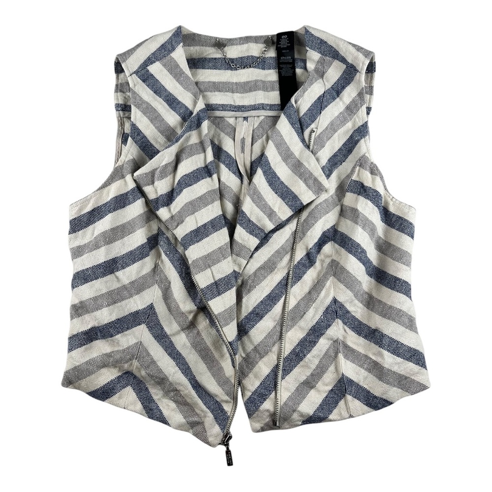 Chico’s Black Label Zip Up White, Gray & Blue 100% Linen Striped Vest Sz 00